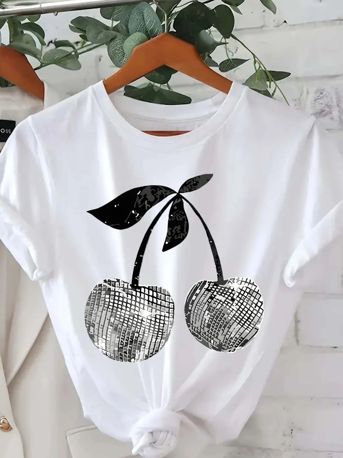 Women’s Silver Cherry Graphic Print Short Sleeve Crew Neck Casual Top