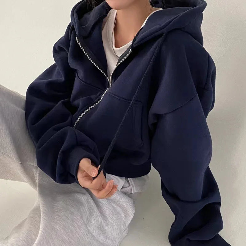 Insfleece Navy Cropped Hooded Sweatshirt - Warm Silhouette