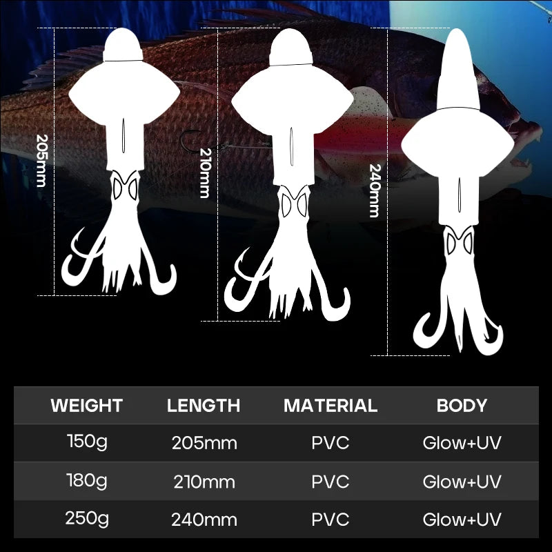 Glow UV 150g 180g 200g Luminous PVC Squid Octopus Skirt Sea Saltwater With Assist Hook Jigging Fishing Soft Lures Bait
