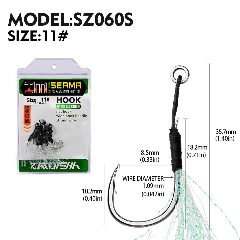 10 Assist Hooks 11-19# PE Line Feather Solid Ring Jigging Assist Fishhooks 5-80g Lures