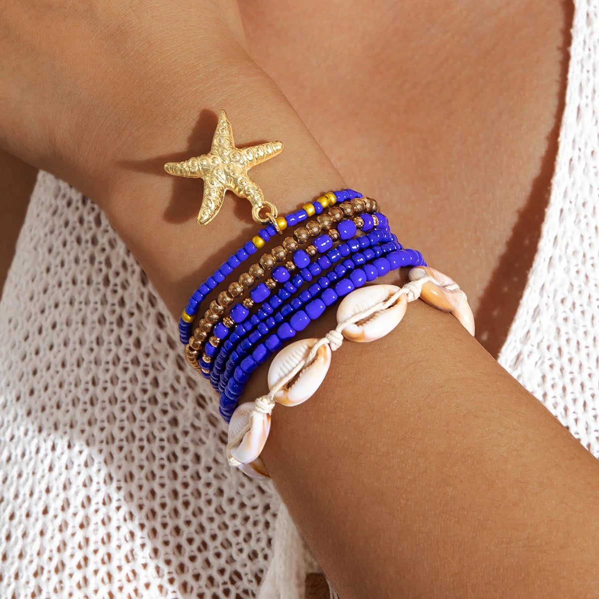 Tocona Bohemian Resort Style Shell Beaded Weaving Bracelet Beach Style Starfish Rice Beads Seven Piece Set for Women