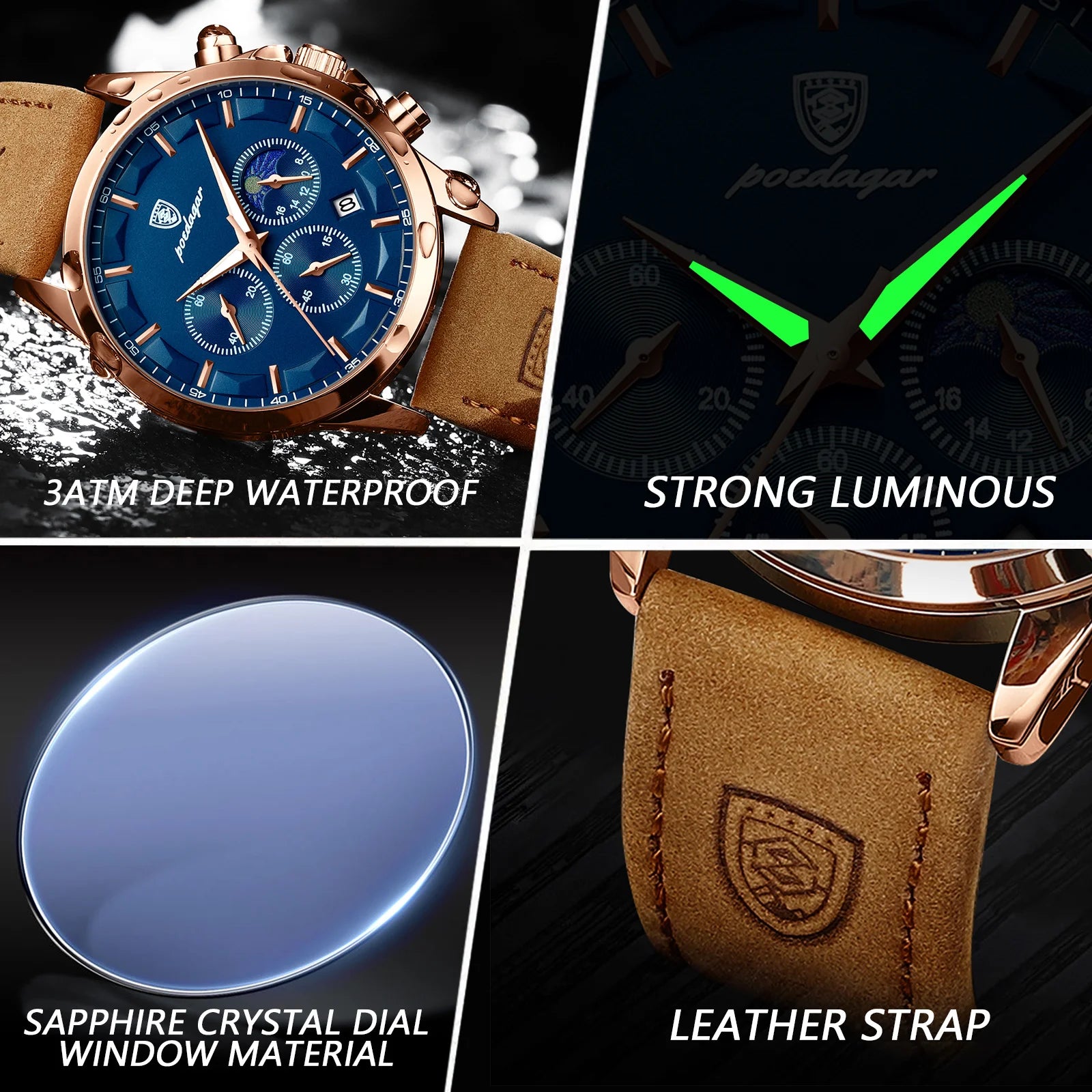 POEDAGAR Men’s Quartz Waterproof Chronograph Luminous Date Wristwatch Businessman Leather