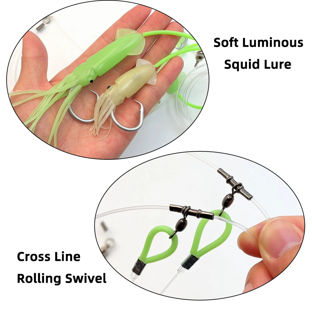 Deep Drop Fishing 2 Hook Rig with Strong Mono Line Luminous Octopus Skirt Lure Grouper Snapper Tackle
