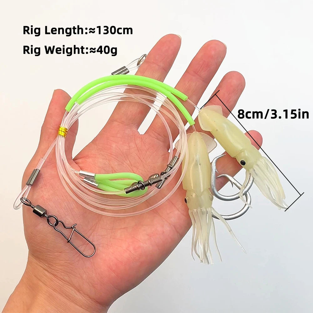 Deep Drop Fishing 2 Hook Rig with Strong Mono Line Luminous Octopus Skirt Lure Grouper Snapper Tackle