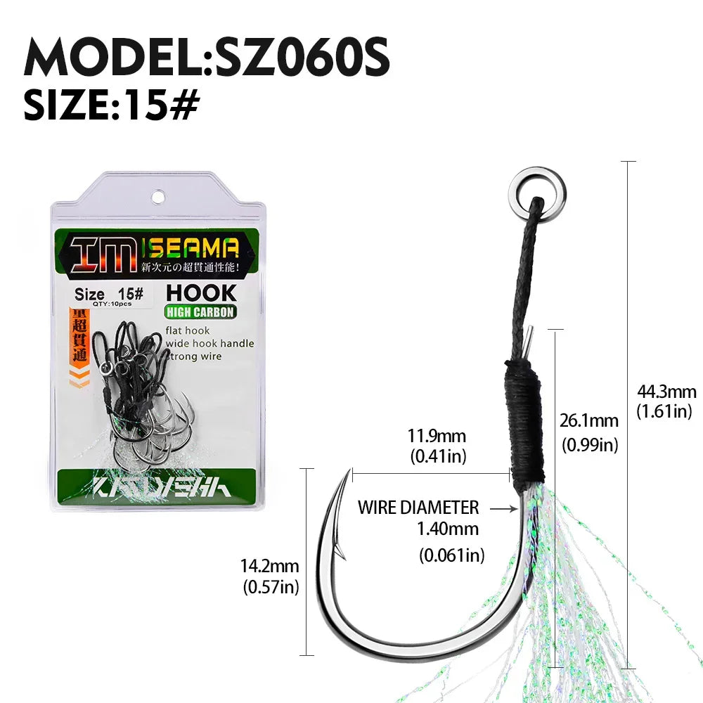 10 Assist Hooks 11-19# PE Line Feather Solid Ring Jigging Assist Fishhooks 5-80g Lures