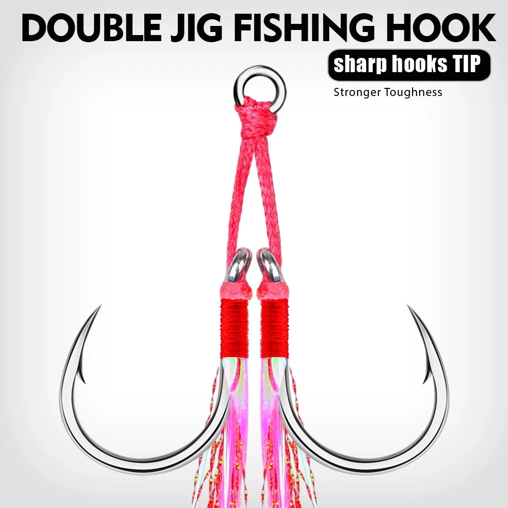 2X Fishing Assist Hooks High Carbon Steel Double Trouble Pink Skirts 5 Pack/10 Hooks