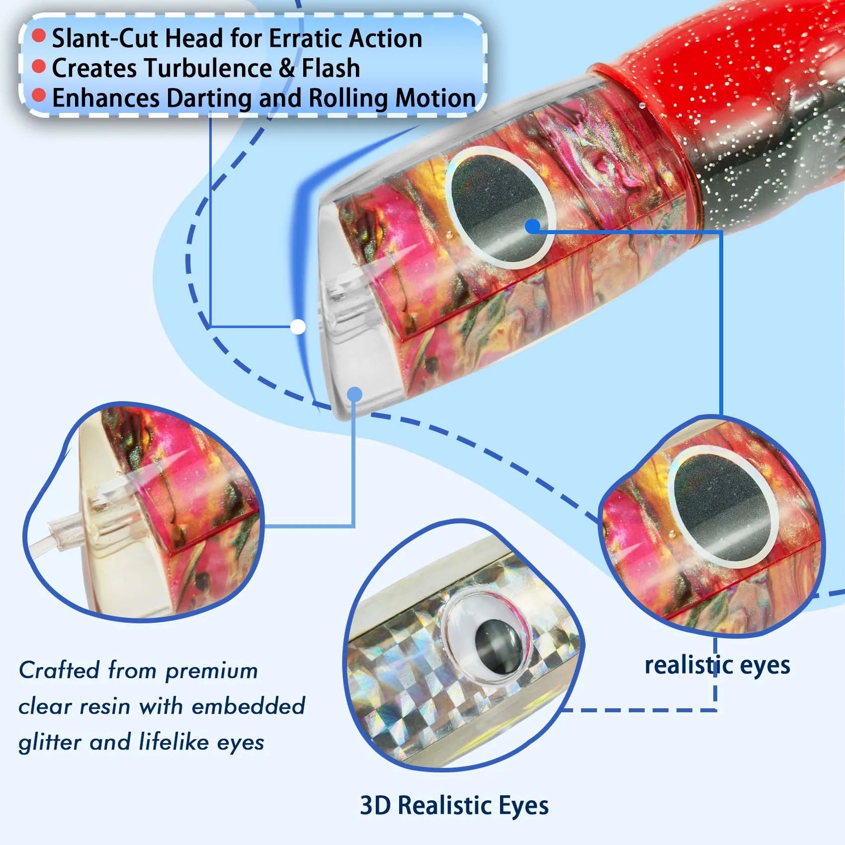 Aventik Resin Slant Head Trolling Lure with 3D Eyes and Dual-Layer Silicone Skirt for Tuna Mahi Mahi, Marlin, Wahoo and Sailfish