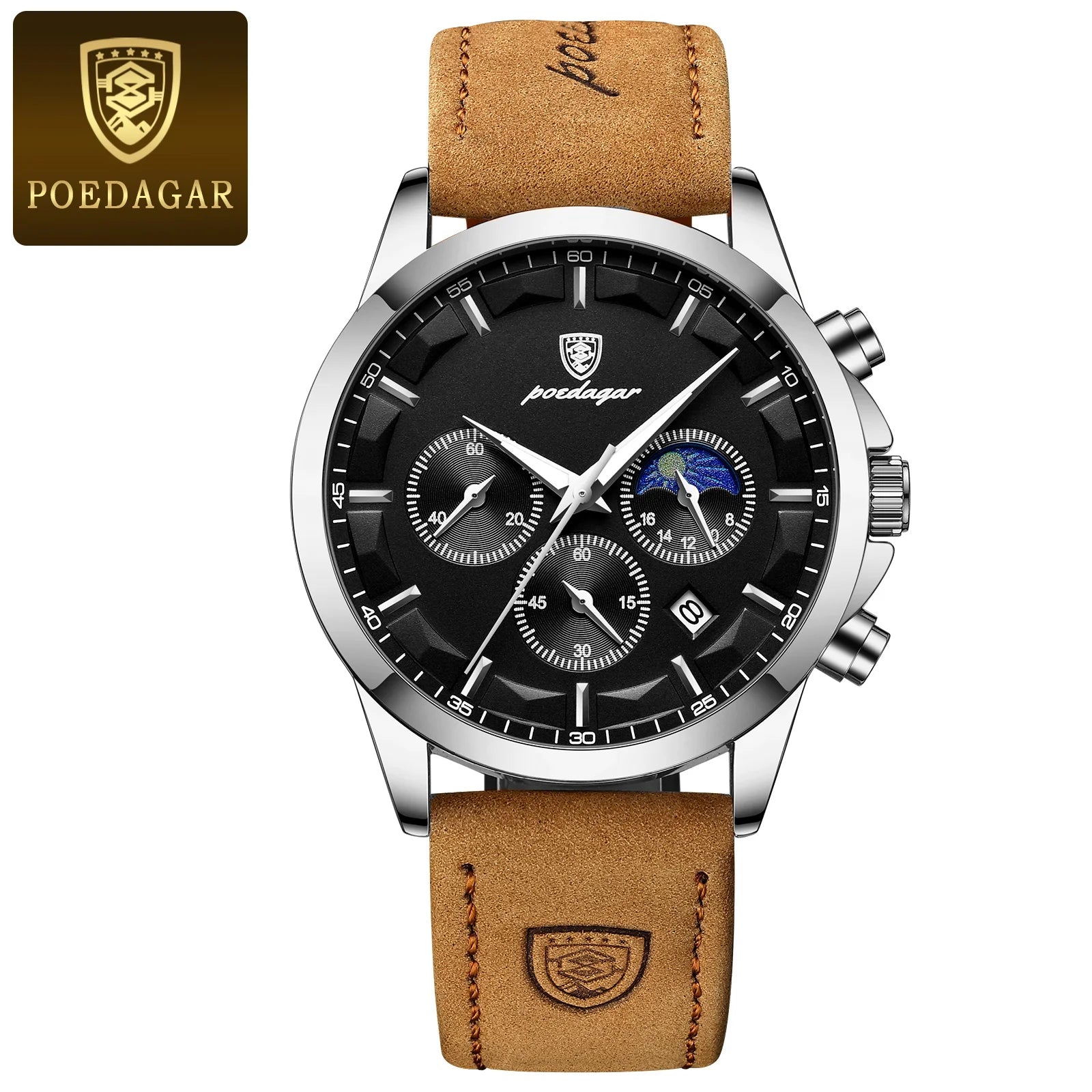 POEDAGAR Men’s Quartz Waterproof Chronograph Luminous Date Wristwatch Businessman Leather