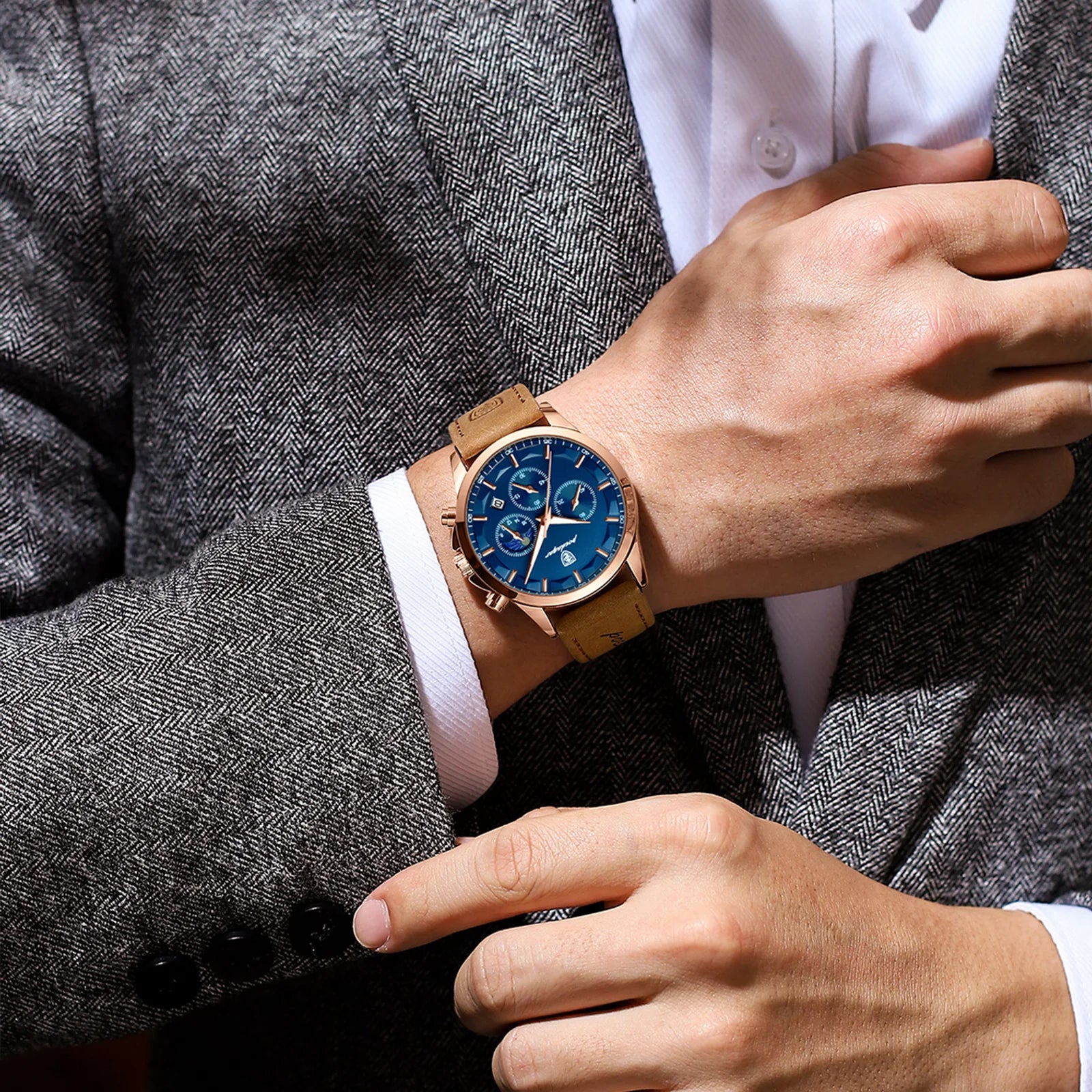 POEDAGAR Men’s Quartz Waterproof Chronograph Luminous Date Wristwatch Businessman Leather