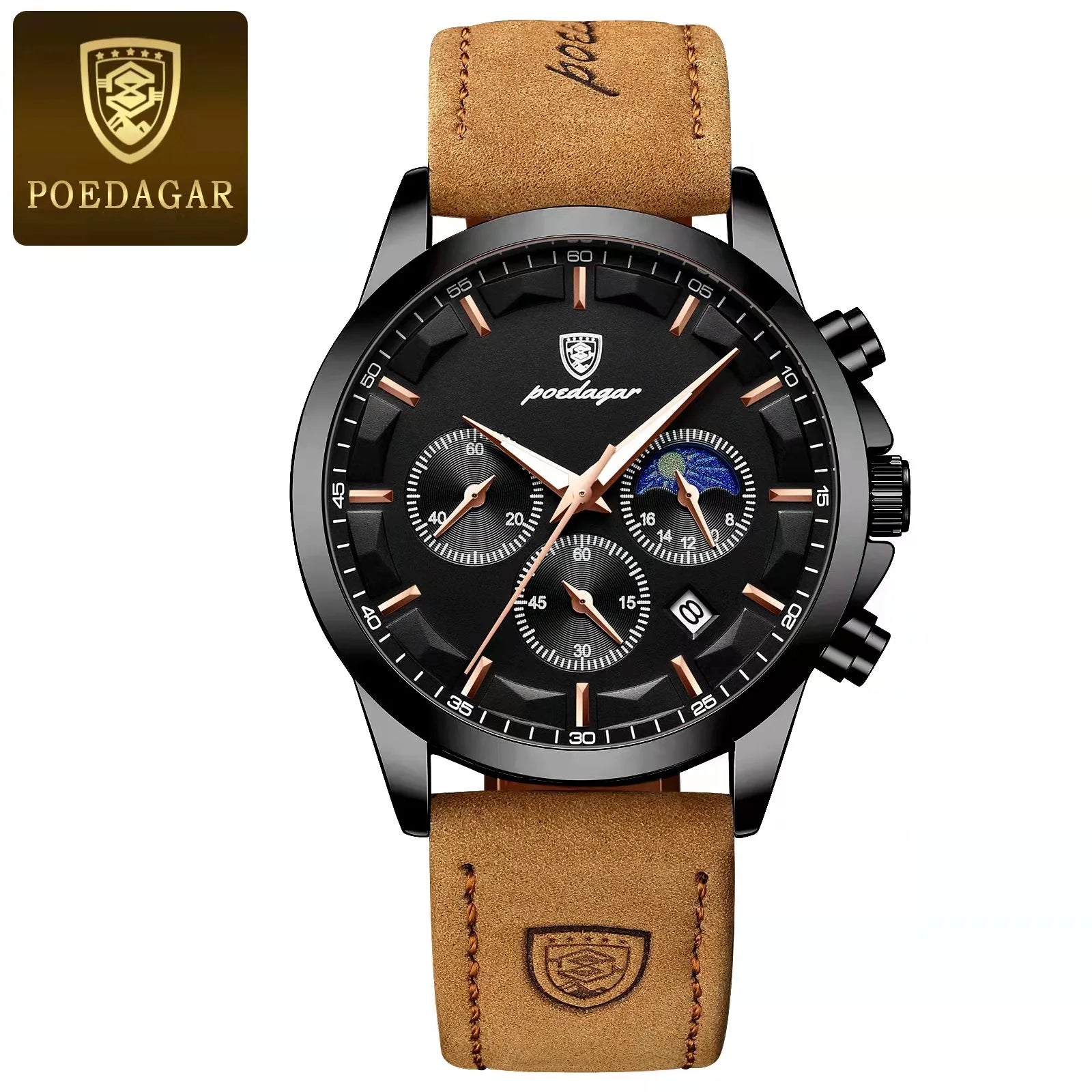 POEDAGAR Men’s Quartz Waterproof Chronograph Luminous Date Wristwatch Businessman Leather
