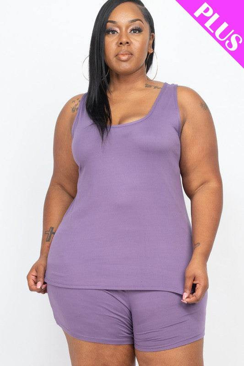Plus Solid Comfy Tank Top & Shorts Set