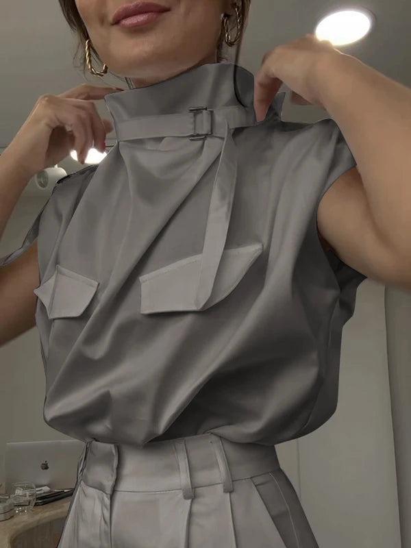 Women’s Sleeveless Blouse Original Stand Collar Buckle Tops for Women.