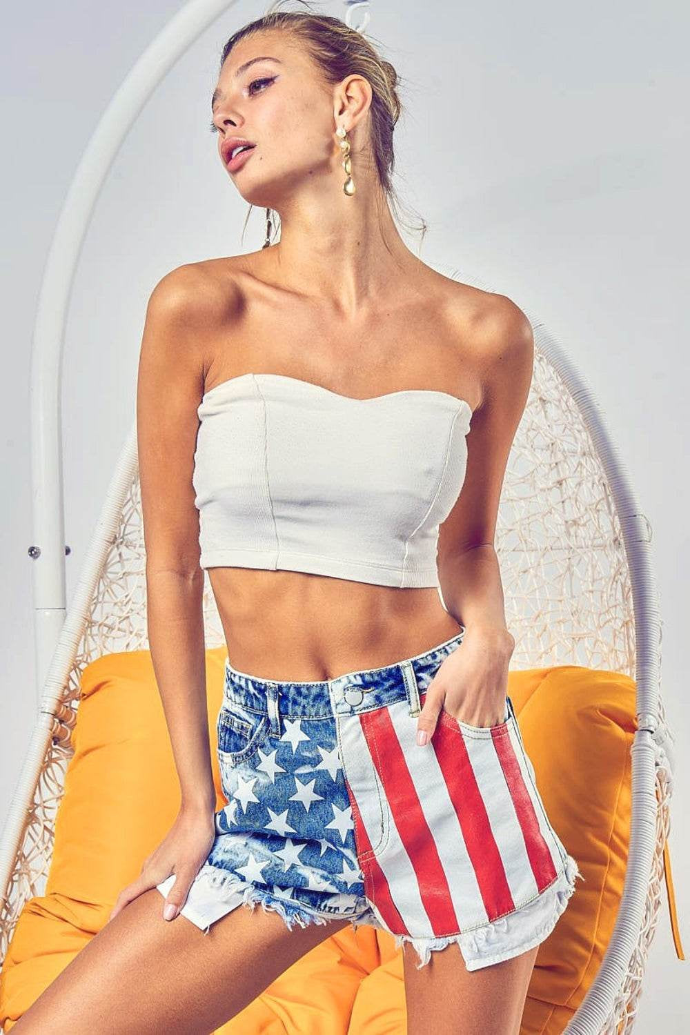 Bibi US Flag Theme Bleached Denim Shorts