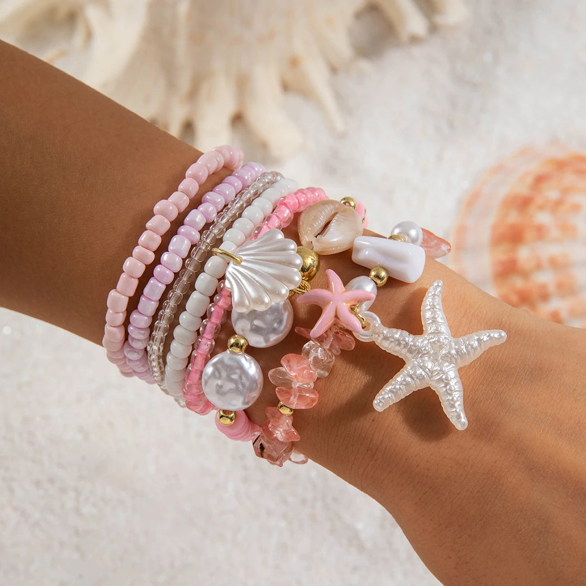 Tocona Bohemian Resort Style Shell Beaded Weaving Bracelet Beach Style Starfish Rice Beads Seven Piece Set for Women