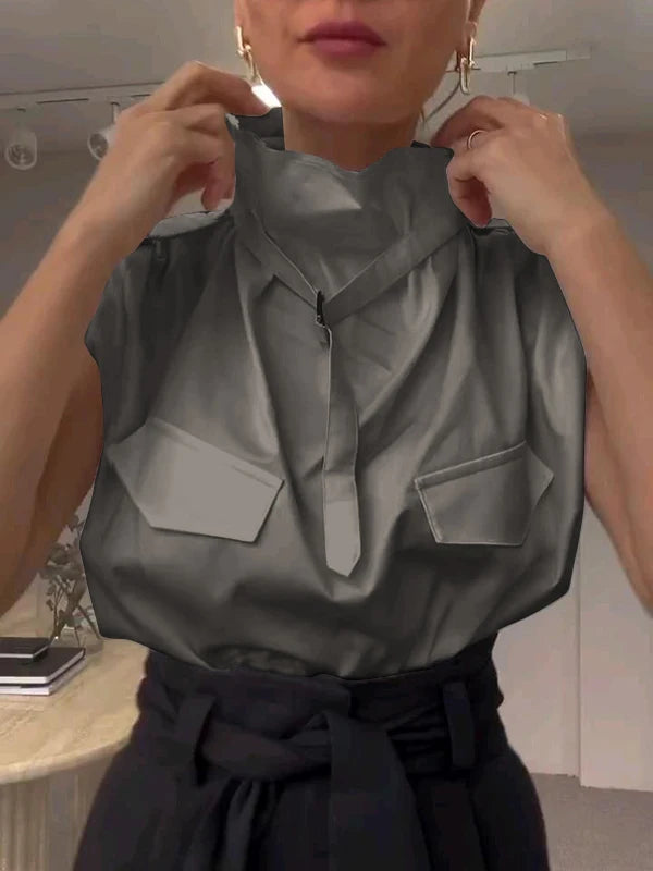 Women’s Sleeveless Blouse Original Stand Collar Buckle Tops for Women.