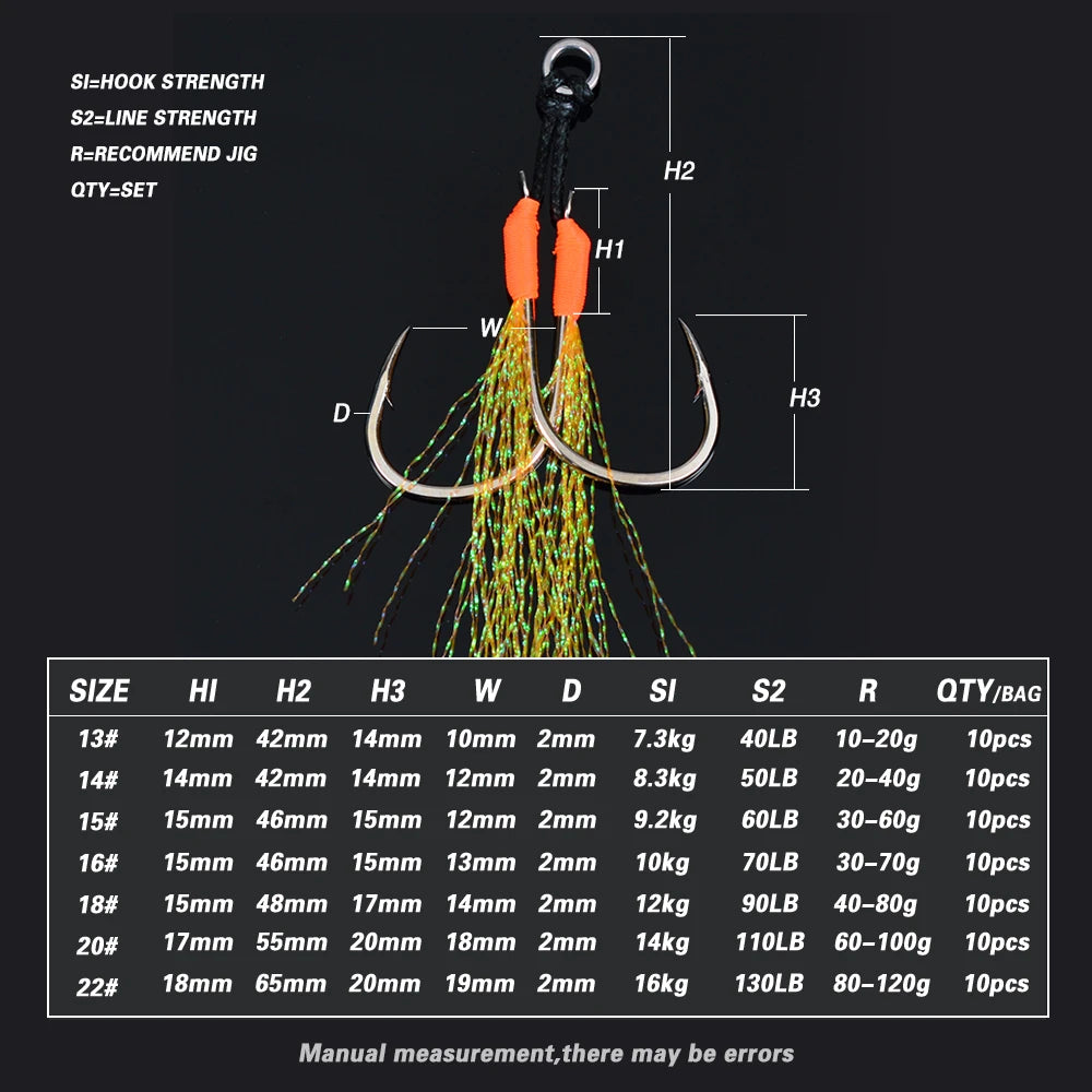 Metal Jig Feather Tail Assist Hooks 13-22# PE Line Solid Ring 10Pcs for 10-120g Fishing Lures