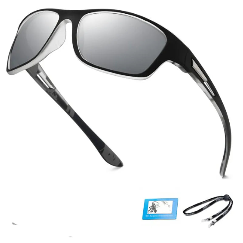 Black sunglasses with a strap and case on a white background