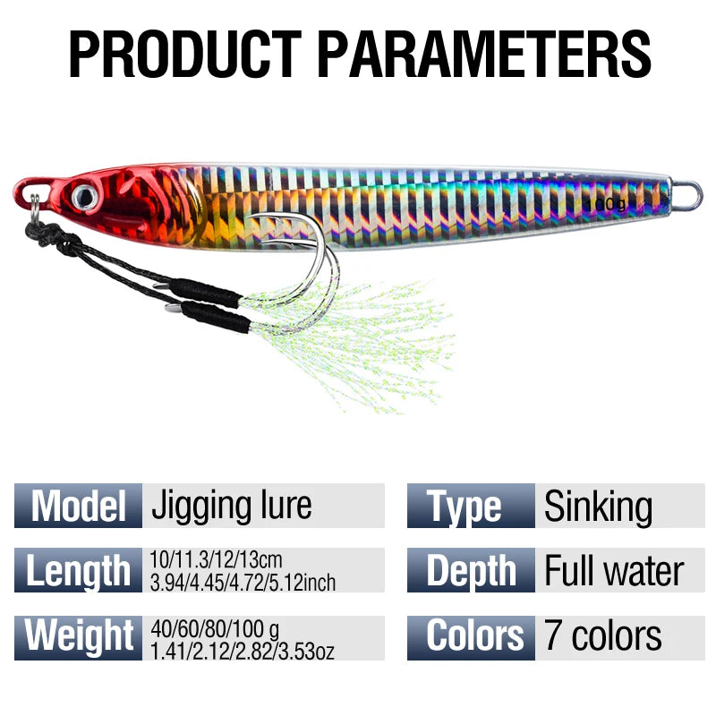 Fishing Jig Bait Lures 2X Assist Hooks 7 Colors 7Pcs 60g 80g 100g Fast Drops Luminous