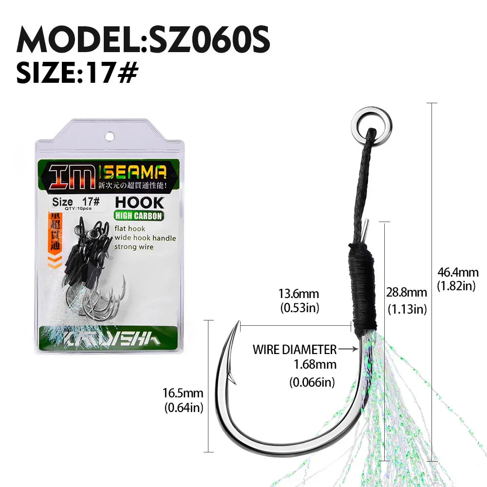 10 Assist Hooks 11-19# PE Line Feather Solid Ring Jigging Assist Fishhooks 5-80g Lures