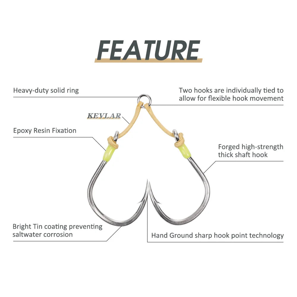 Heavy Duty Twin Assist Hooks, Kevlar Line, Solid Ring, Sharp High Strength Hooks 2PK, Size 3/0-7/0
