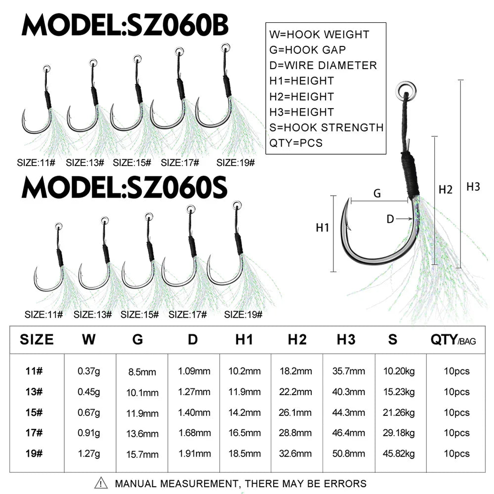 10 Assist Hooks 11-19# PE Line Feather Solid Ring Jigging Assist Fishhooks 5-80g Lures