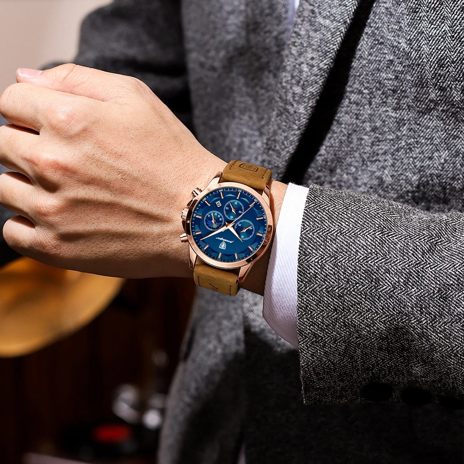 POEDAGAR Men’s Quartz Waterproof Chronograph Luminous Date Wristwatch Businessman Leather
