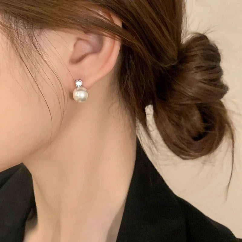 Women’s Round Pearl Pendant Stud Earrings Elegant Accessories for Daily Wear