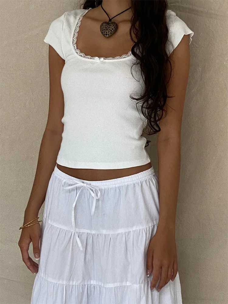 Y2K Vintage Cottage Lace Knit Tee - Square Neck Summer Vibe
