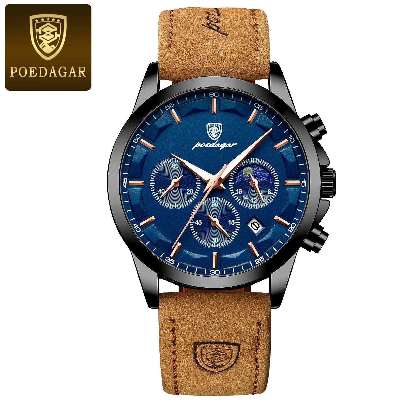 POEDAGAR Men’s Quartz Waterproof Chronograph Luminous Date Wristwatch Businessman Leather