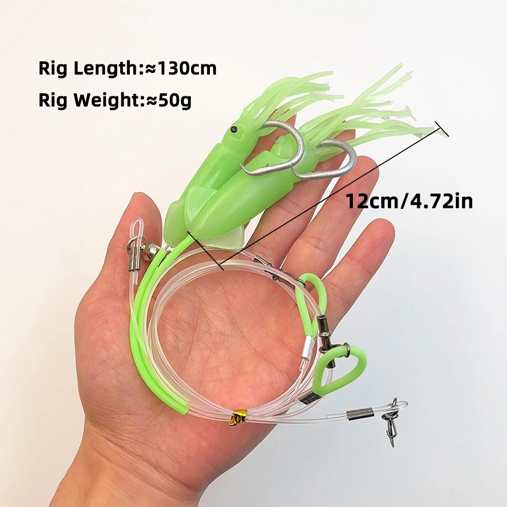 Deep Drop Fishing 2 Hook Rig with Strong Mono Line Luminous Octopus Skirt Lure Grouper Snapper Tackle