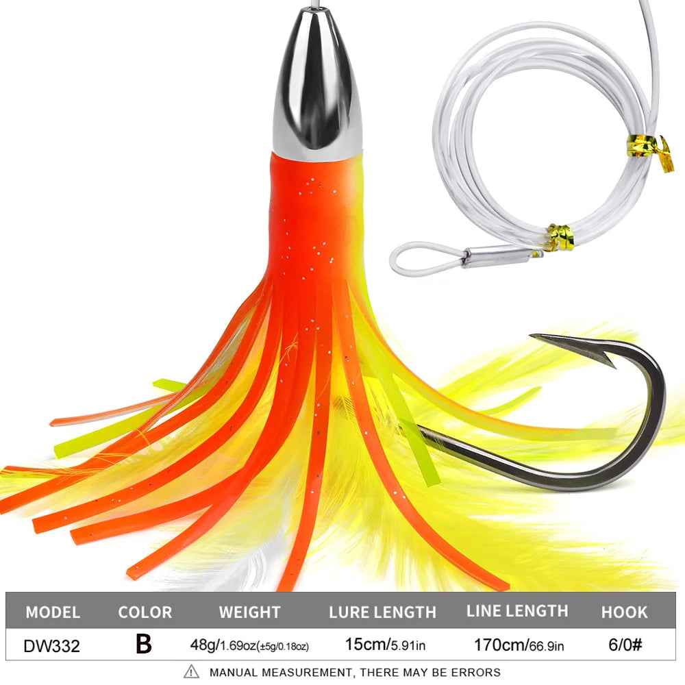 Saltwater Trolling Lures Deep-Sea Fishing Squid Skirts Ideal for Marlin, Tuna, Dodos, Shark Big Game 1pc 15cm 48g