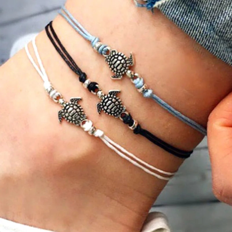 Vintage Turtle Anklets For Women Summer Beach Barefoot Crochet Sandals Ankle Bracelets On Foot Wax Rope Chain Jewelry
