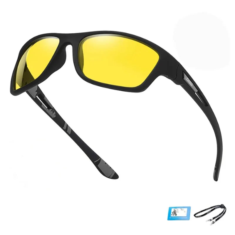 Sunglasses with yellow lenses and black frame on a white background
