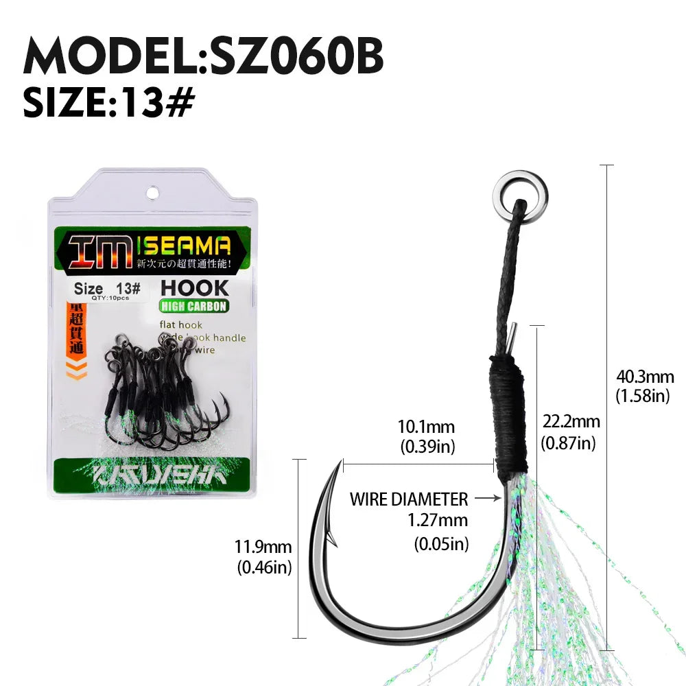 10 Assist Hooks 11-19# PE Line Feather Solid Ring Jigging Assist Fishhooks 5-80g Lures