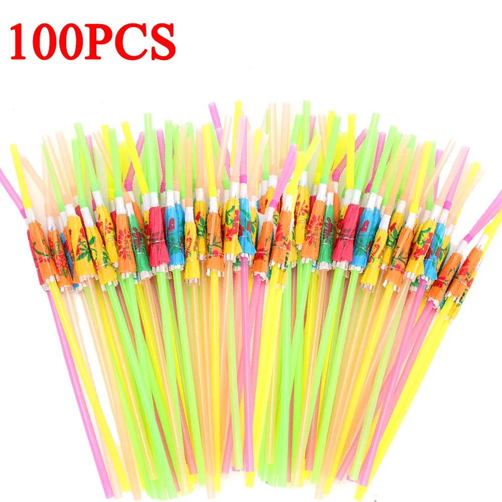 100/50/10Pcs Cocktail Umbrella Drinking Straw Disposable Bendable Straw Beach Theme Hawaii Parties Bar Cocktail Home Decoration