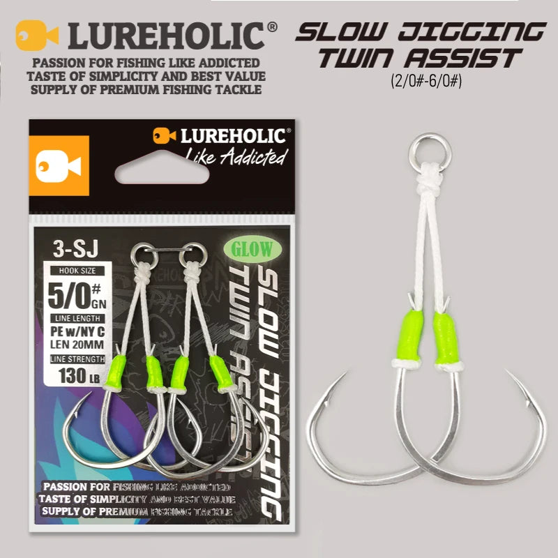 3-SJ Slow Jigging Twin Assist Jigging Hooks Glow Wrap