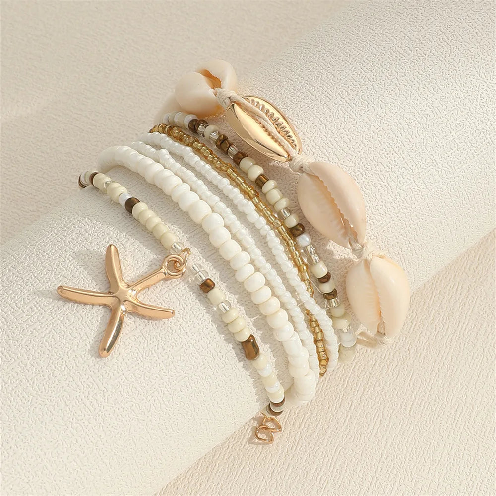 7pcs/set Bohemian Holiday Wind Shell Beaded Woven Bracelet Starfish Rice Beads Women's Bracelet Set Beach Party Seaside Holiday