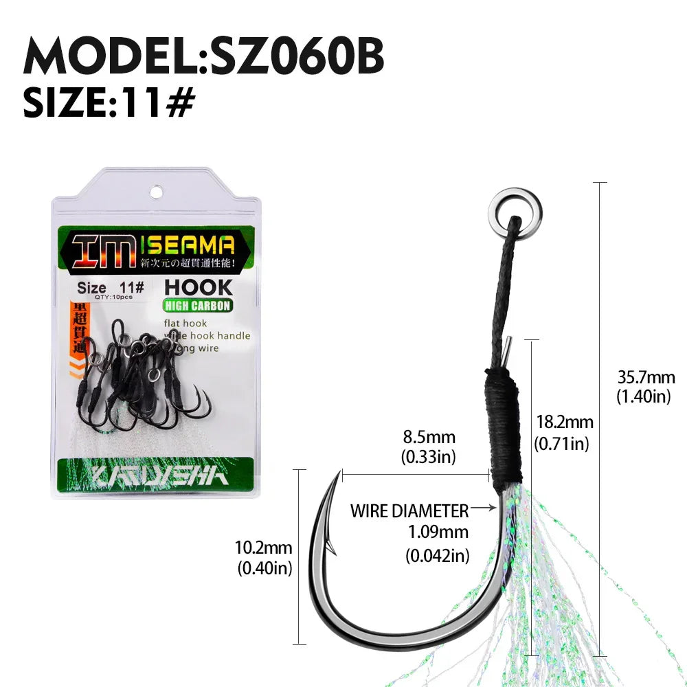 10 Assist Hooks 11-19# PE Line Feather Solid Ring Jigging Assist Fishhooks 5-80g Lures
