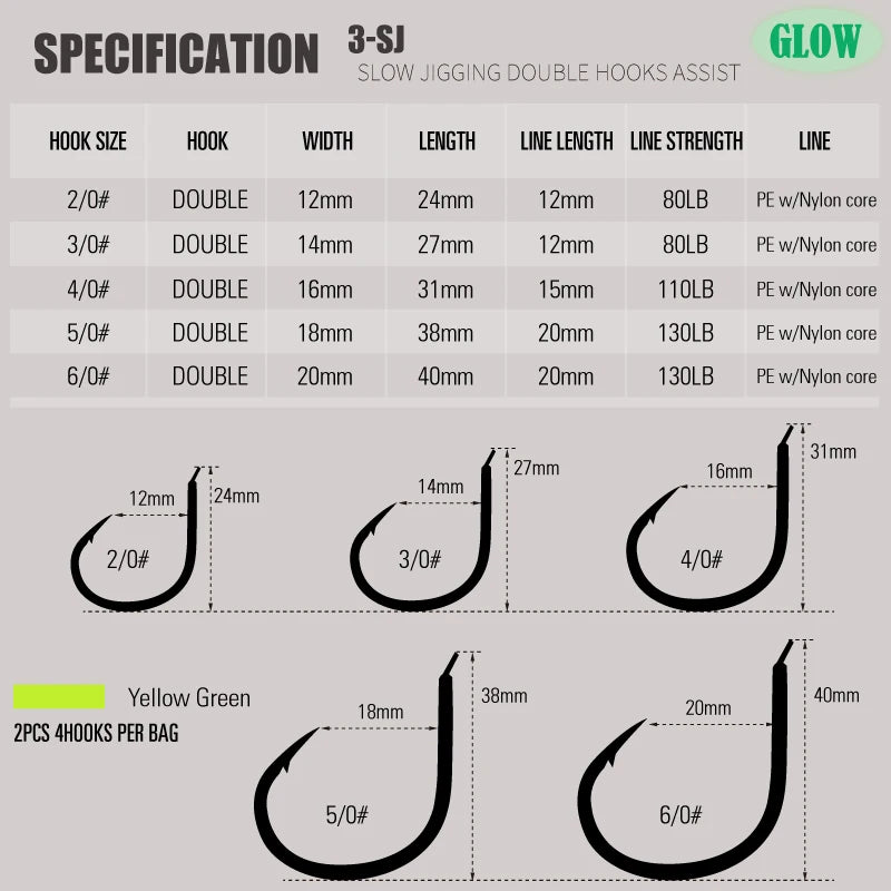 3-SJ Slow Jigging Twin Assist Jigging Hooks Glow Wrap