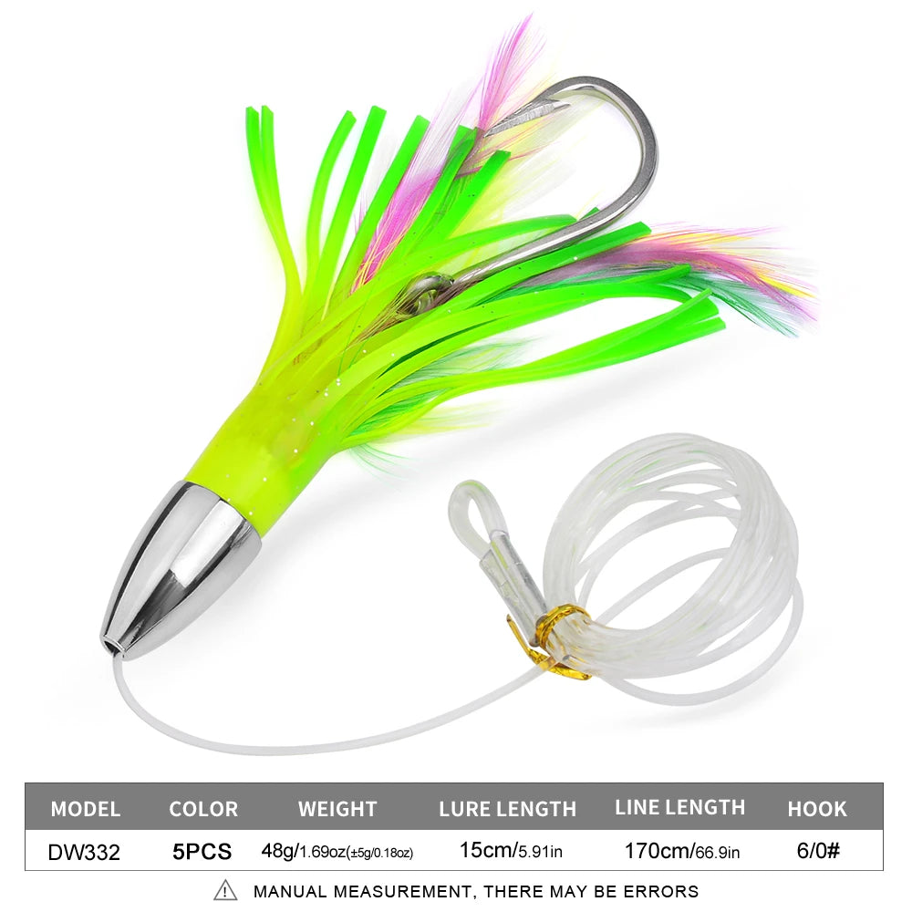 Saltwater Trolling Lures Deep-Sea Fishing Squid Skirts Ideal for Marlin, Tuna, Dodos, Shark Big Game 1pc 15cm 48g