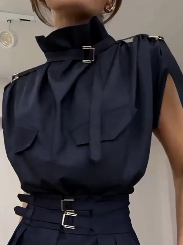 Women’s Sleeveless Blouse Original Stand Collar Buckle Tops for Women.
