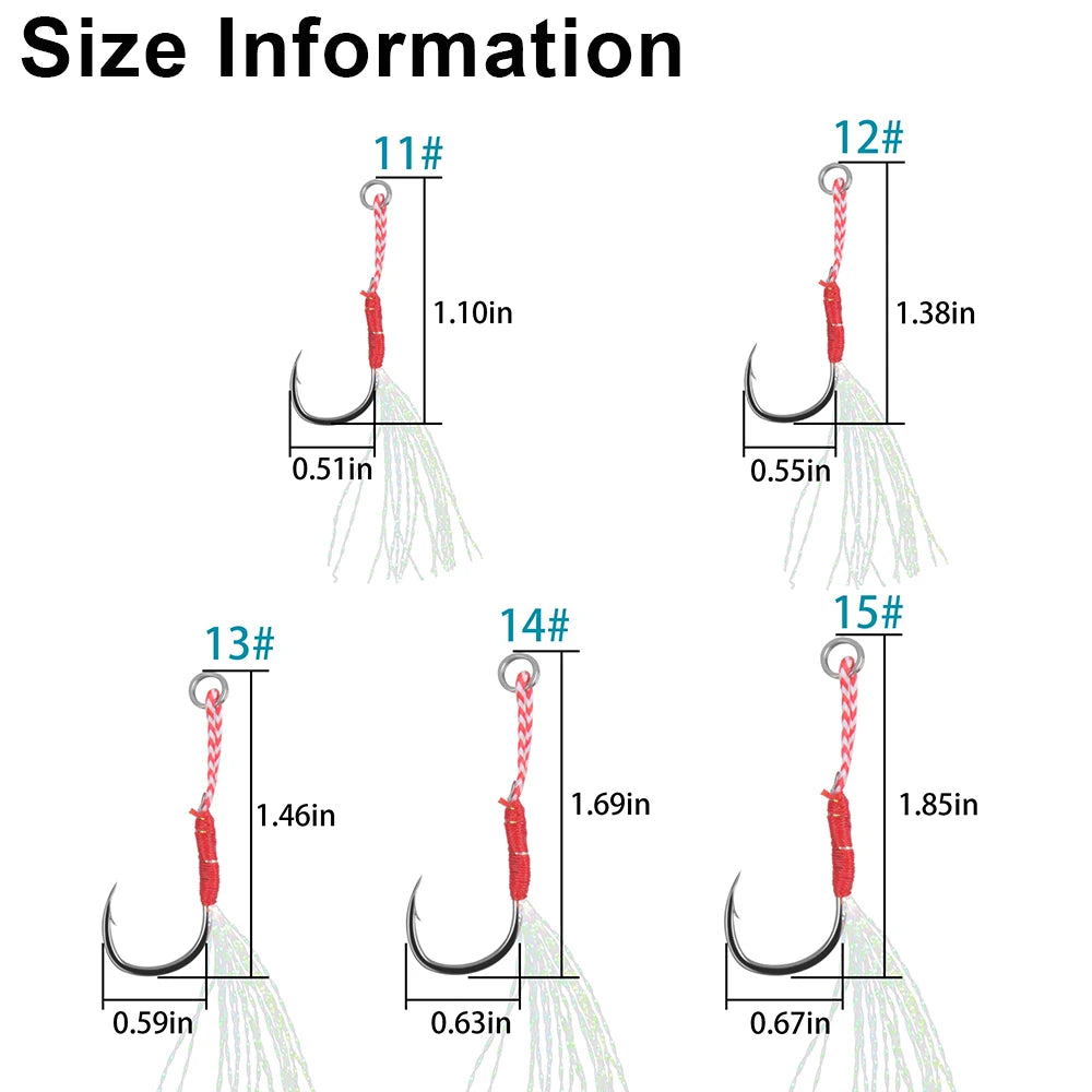 Assist Hooks for slow jigging Metal Jig Barbed Hook With Teaser Feather 50Pcs