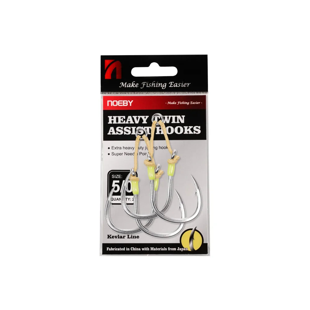 Heavy Duty Twin Assist Hooks, Kevlar Line, Solid Ring, Sharp High Strength Hooks 2PK, Size 3/0-7/0