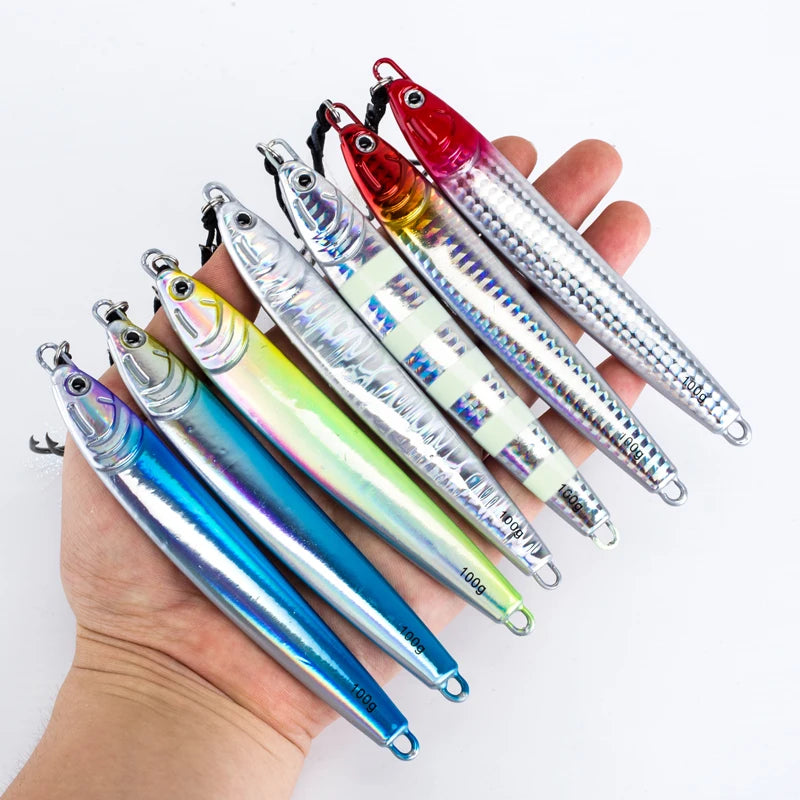 Fishing Jig Bait Lures 2X Assist Hooks 7 Colors 7Pcs 60g 80g 100g Fast Drops Luminous