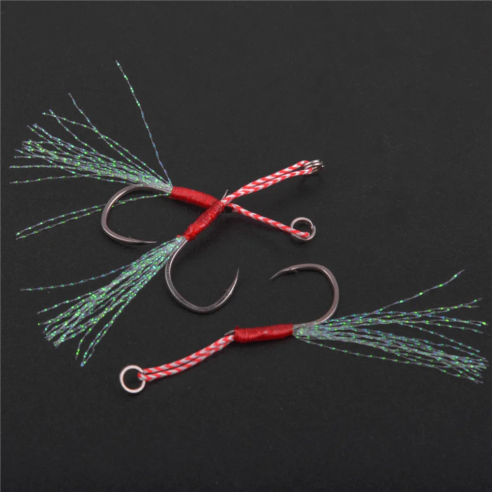 Assist Hooks for slow jigging Metal Jig Barbed Hook With Teaser Feather 50Pcs