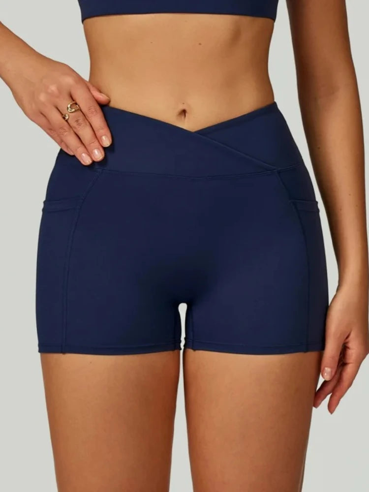 Women’s High Waisted Yoga Shorts Cross Waistband Tight Fitting Activewear