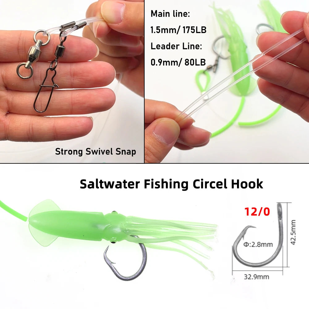 Deep Drop Fishing 2 Hook Rig with Strong Mono Line Luminous Octopus Skirt Lure Grouper Snapper Tackle