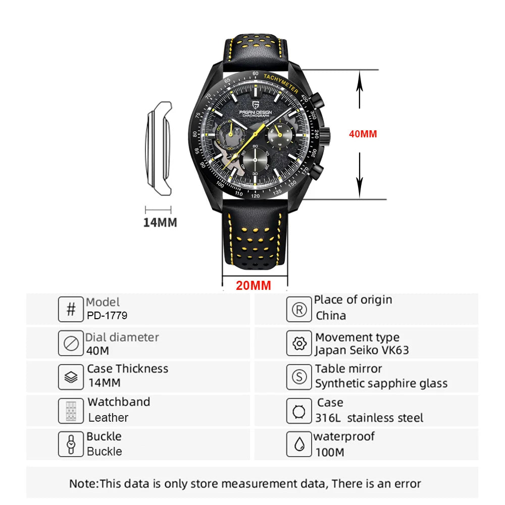 PAGANI Men's Watches Chronograph Men’s Quartz Wristwatch Leather Waterproof Sports