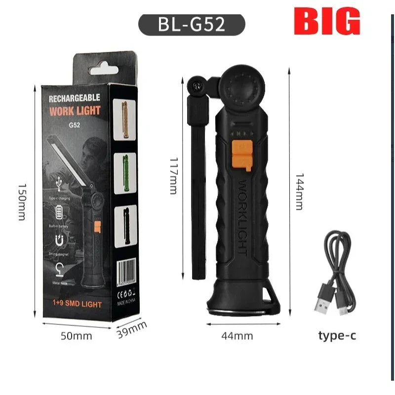 Portable COB LED Flashlight USB Rechargeable Work Light Magnetic Lanterna Hanging Lamp with Built-in Battery Camping Torch