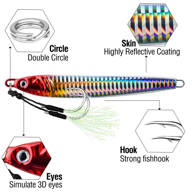 Fishing Jig Bait Lures 2X Assist Hooks 7 Colors 7Pcs 60g 80g 100g Fast Drops Luminous